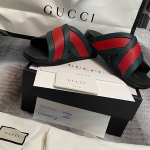 Gucci Agrado Web Stripe Slide Sandal.